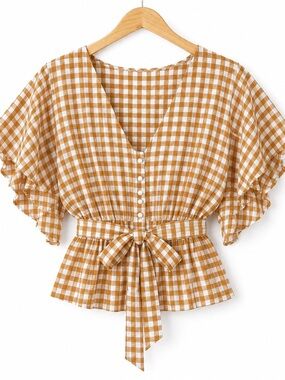 Miss Selfridge Gingham Tie Waist Peplum Top Flutter Sleeve Cottagecore Milkmaid